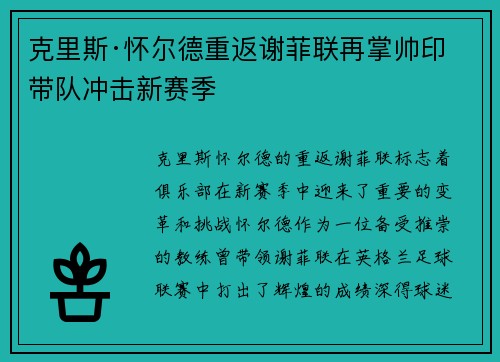 克里斯·怀尔德重返谢菲联再掌帅印带队冲击新赛季