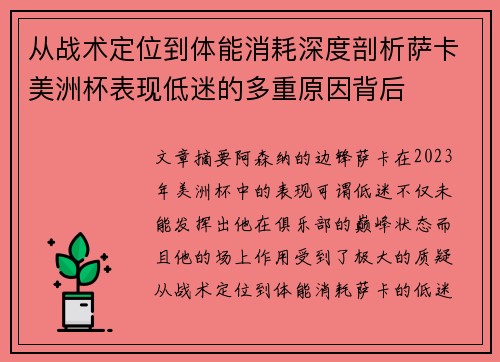 从战术定位到体能消耗深度剖析萨卡美洲杯表现低迷的多重原因背后